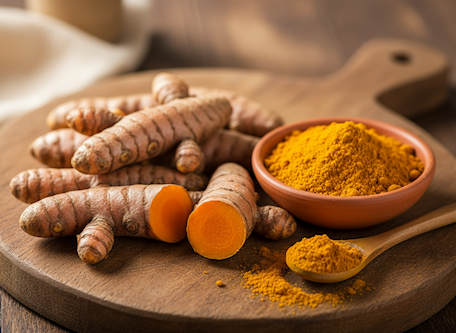 Fresh turmeric root with cut section and turmeric powder